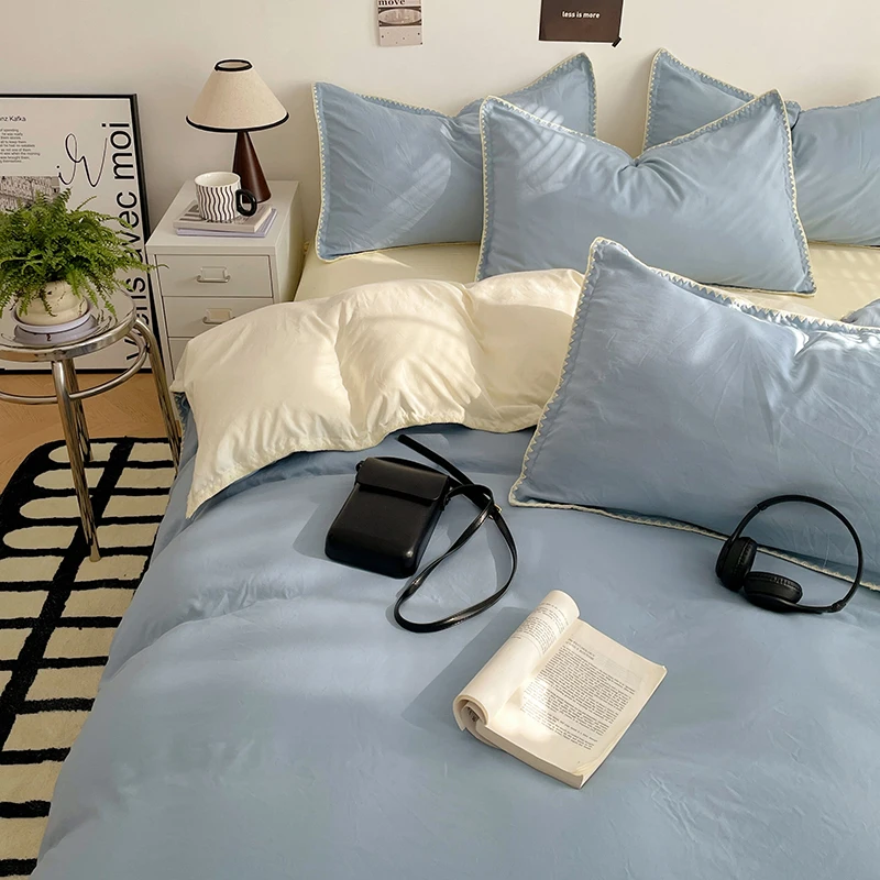 Simple Washed Cotton Bed Linen Bedding Set Four Piece Flat/Fitted Bed Sheet Set Comforter Set Full Double Couple Bed Quilt Cover