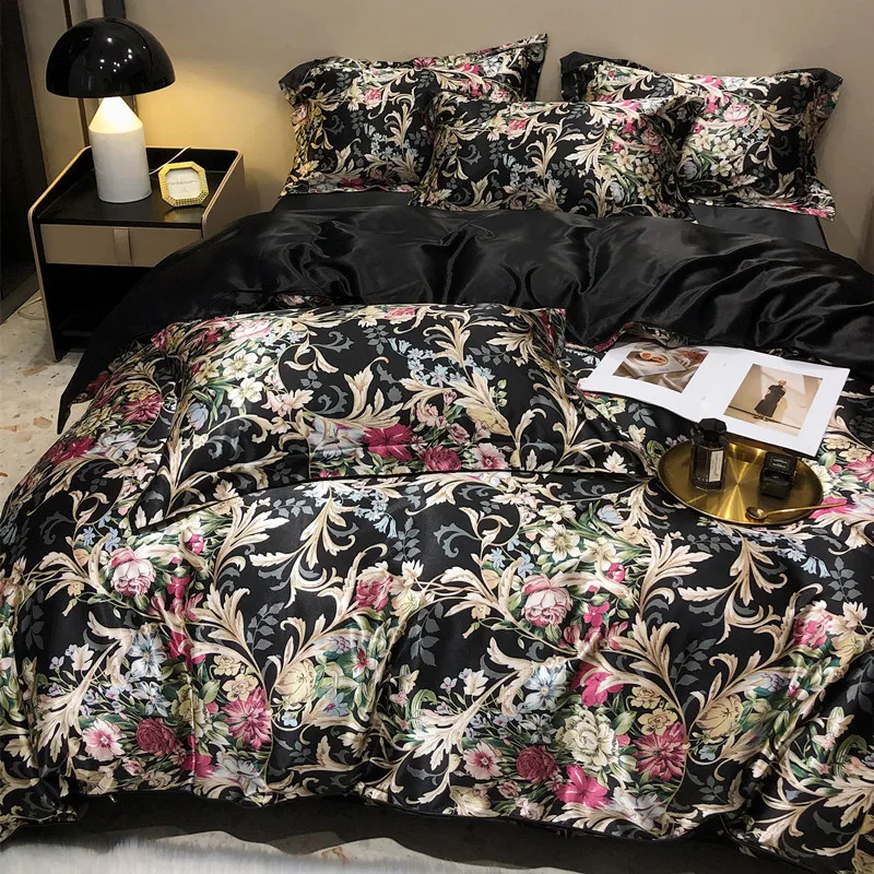 Floral Mulberry Silk Bedding Set with Duvet Cover Bed Sheet Luxury High-end Quilt Cover Fitted/Flat Bedsheet Double Queen Size