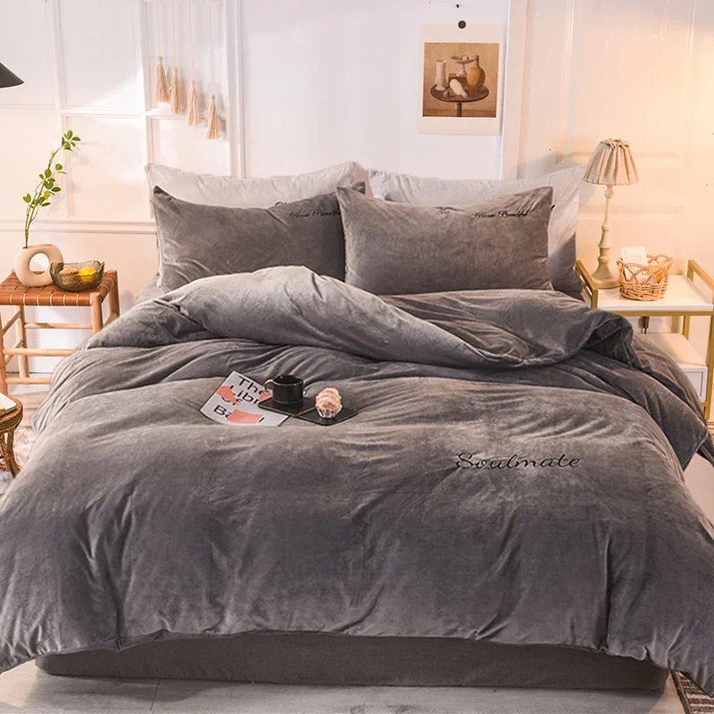 WASART Winter Warm Milk Fleece Duvet Cover 4PC Bedding Set Super King Size 220x240 Solid Embroidery Couple Luxury Home Textiles