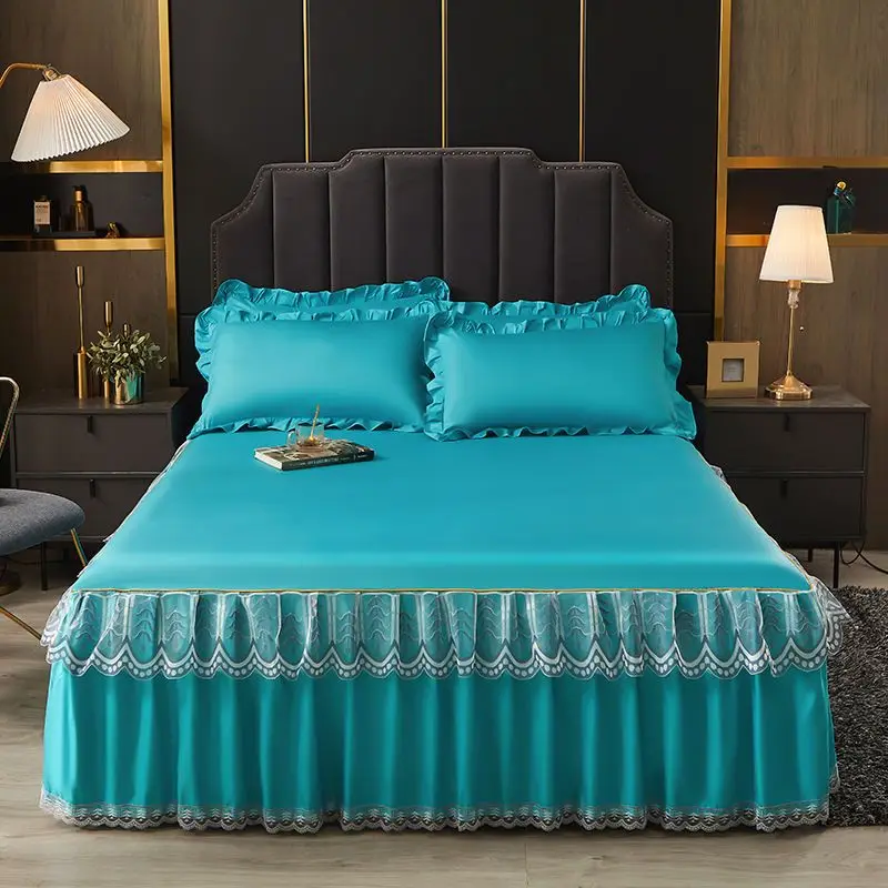 WASART Luxury lace bed skirt summer bedspread solid satin rayon bed linen couple bedding single double queen king size bed sheet