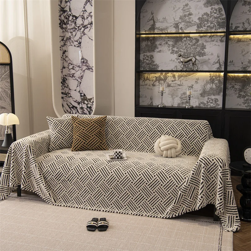 Fleece Plush Sofa Cover Cloth Thickne Anti-Slip Sofa Towel Geometric Style Couch Seat Cushion Cover Full Coverage Velvet Blanket