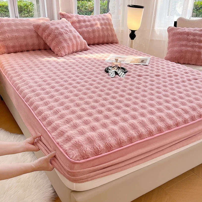 WASART Soft warm rabbit plush fitted sheet elastic mattress protector cover fluffy coral fleece 150cm winter bedsheet king size