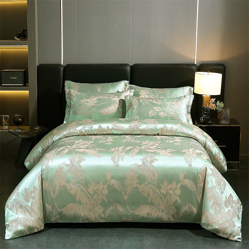 WASART Summer Satin Rayon Jacquard Duvet Cover Set 4pc Elegant Floral Luxury Bedding for Couple King Size 220x240 Cooling Fabric