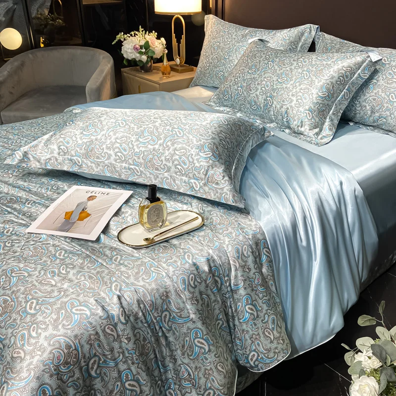 Luxury Floral Silk Bedding Set with Duvet Cover Fitted & Flat Bed Sheet Pillowcase Silky Smooth Bed Sheet Sets Twin Full Queen