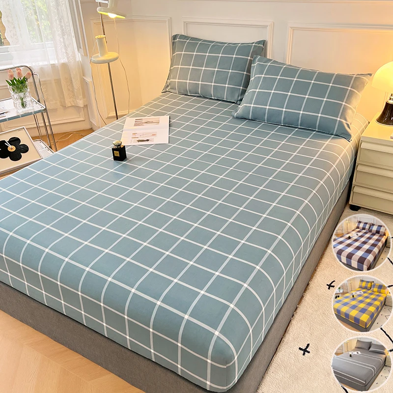 Cotton Fitted Sheet with Elastic Bands Non Slip Adjustable Mattress Cover for Double King Bed Non-Slip 140x200 160x200 200x200cm