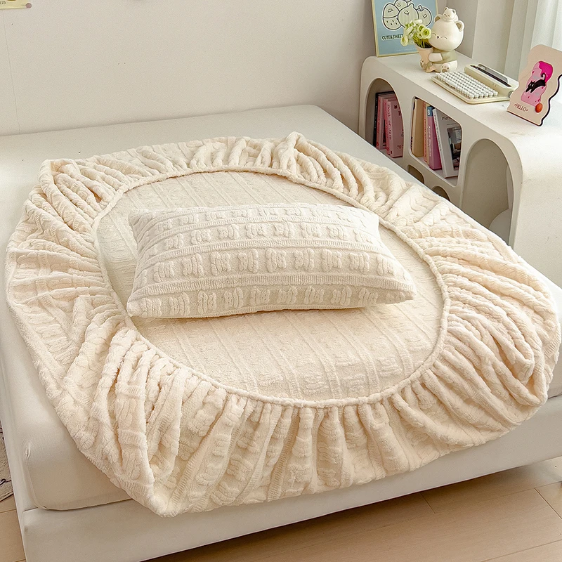 Jacquard Fleece Velvet Fitted Sheet Plush Soft Bed Cover Mattress Cover with Elastic Band Autumn Winter Warm Bed Sheet 120/160cm