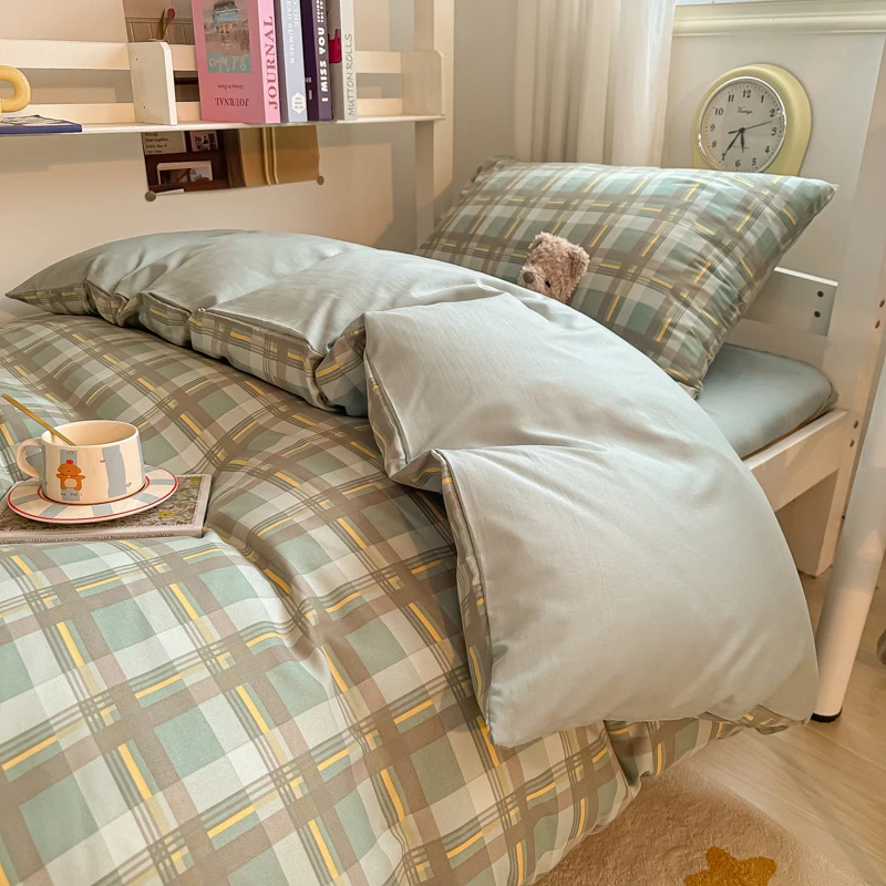 Washed Cotton Duvet Cover Set Quilt Set Ins Nordic Minimalist Style Plaid Bed Set Home Textile Students Bedding Set Bed Sheets