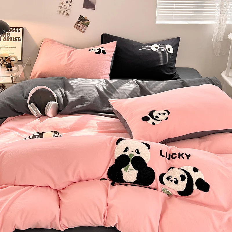 Embroidered Panda Duvet Cover Set 100% Cotton Bedding Set Flat/Fitted Sheet Quilt Cover Pillowcase Single Double Queen Size Ins