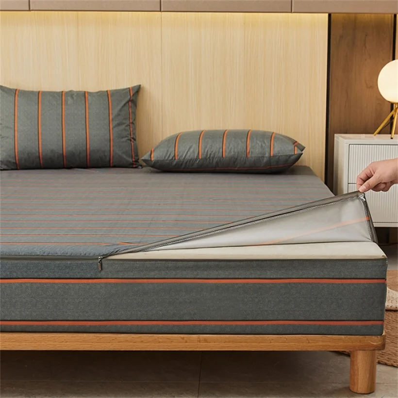 Fitted Sheet Waterproof Six-Sided With Zipper Mattress Cover Cartoon Printed Bed Cover Deep Pocket for 10/15/20/25cm Bedspreads