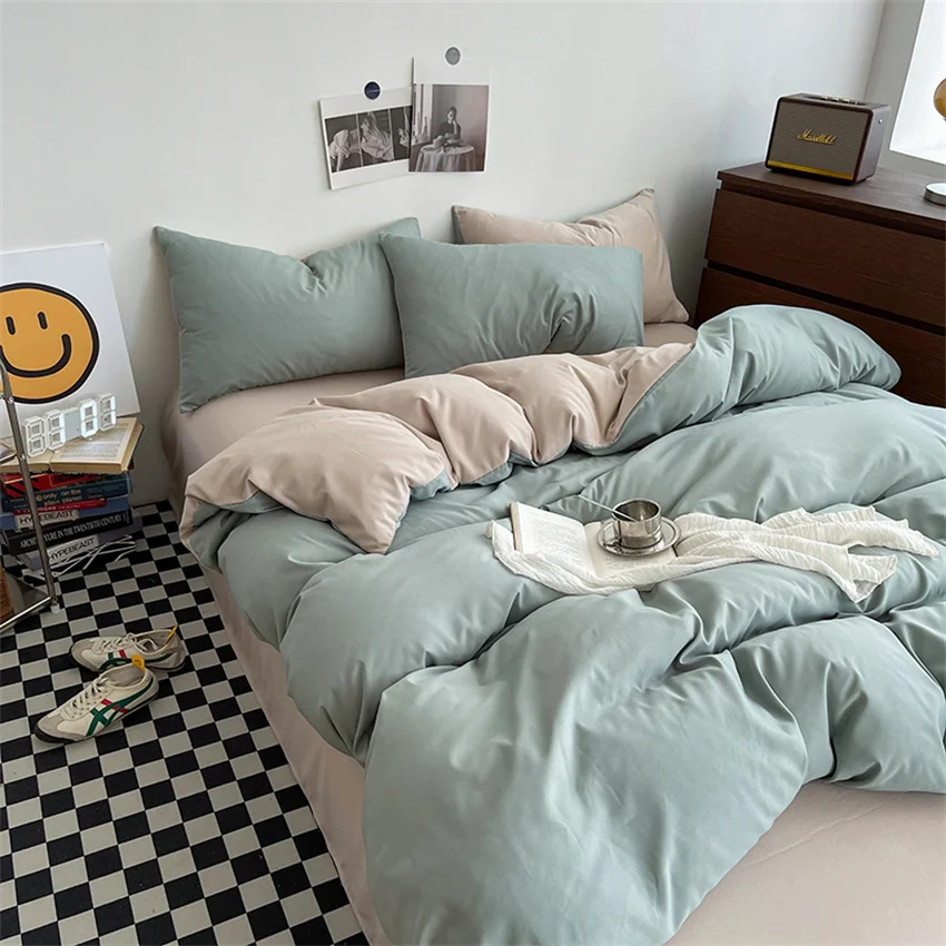 Ins Style Bedding Set Washed Cotton Duvet Cover Pillowcase Solid Color Soft Comforer Quilt Cover Bedspreads Bed Linen Flat Sheet