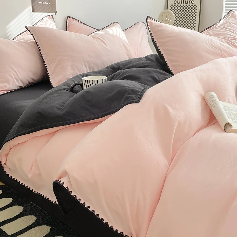 Simple Washed Cotton Bed Linen Bedding Set Four Piece Flat/Fitted Bed Sheet Set Comforter Set Full Double Couple Bed Quilt Cover