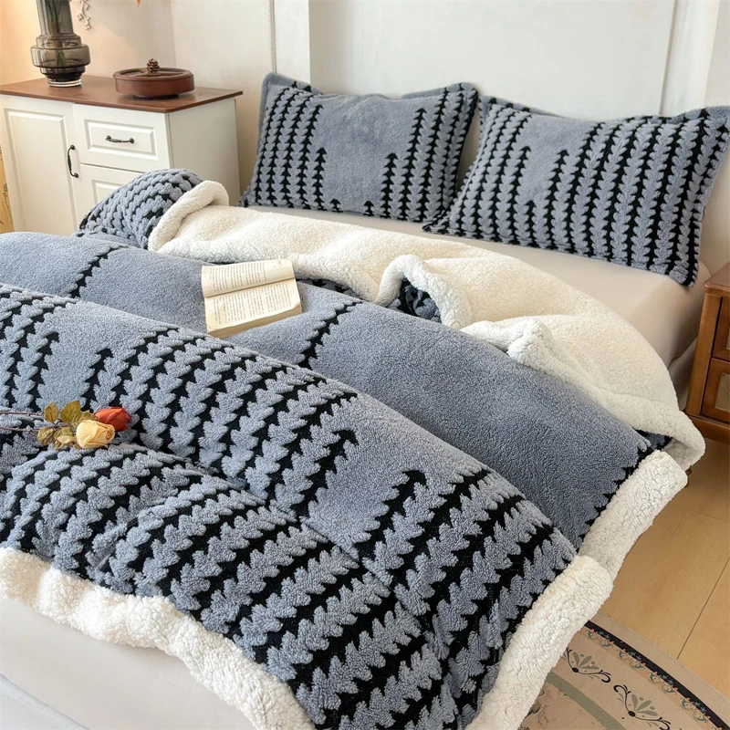 WASART Winter warm coral fleece Jacquard duvet cover fluffy plush luxury double bed couple quilt cover 220x240 cozy bedding set