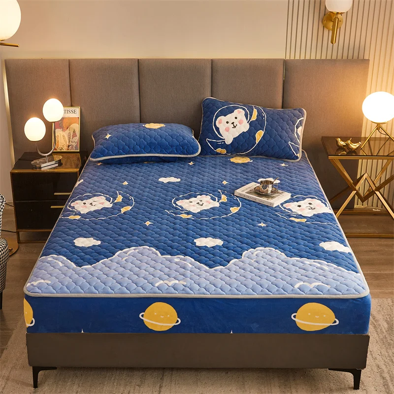 WASART Winter warm coral fleece mattress protector cover king size 2 people double bed elastic fitted sheet style protection pad