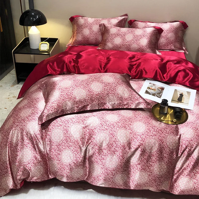 Floral Mulberry Silk Bedding Set with Duvet Cover Bed Sheet Luxury High-end Quilt Cover Fitted/Flat Bedsheet Double Queen Size